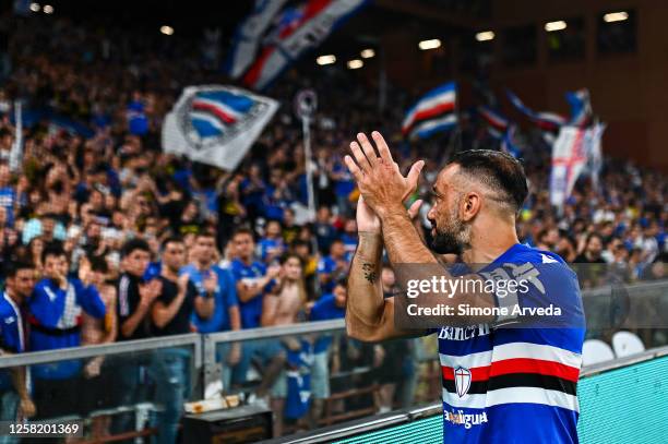 Fabio Quagliarella of Sampdoria greets the crowd after the Serie A match between UC Sampdoria and US Sassuolo at Stadio Luigi Ferraris on May 26,...