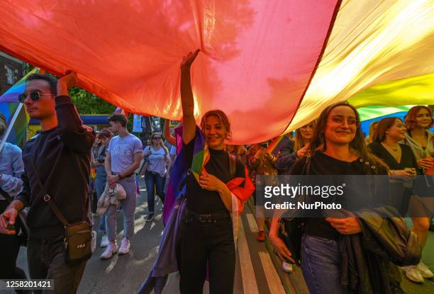 Participants during the 2023 Equality March in Krakow city center, on Saturday, 20 May 2023, in Krakow, Poland, As per organisers, Krakow's Equality...