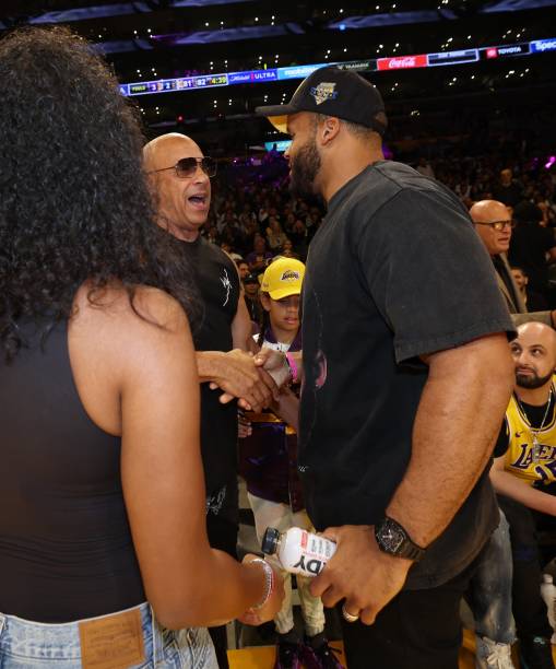 Vin Diesel and Aaron Donald attend Game 4 of the 2023 NBA Playoffs Western Conference Finals on May 22, 2023 at Crypto.Com Arena in Los Angeles,...