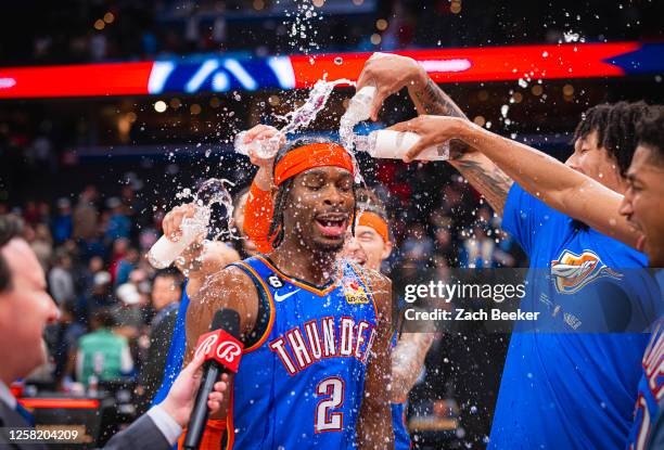 Shai Gilgeous-Alexander of the Oklahoma City Thunder celebrates after the game against the Washington Wizards on November 16, 2022 at the Capital One...