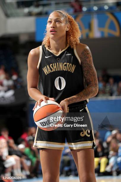 Shakira Austin of the Washington Mystics prepares to shoot a free throw during the game against the Chicago Sky on May 26, 2023 at the Wintrust Arena...