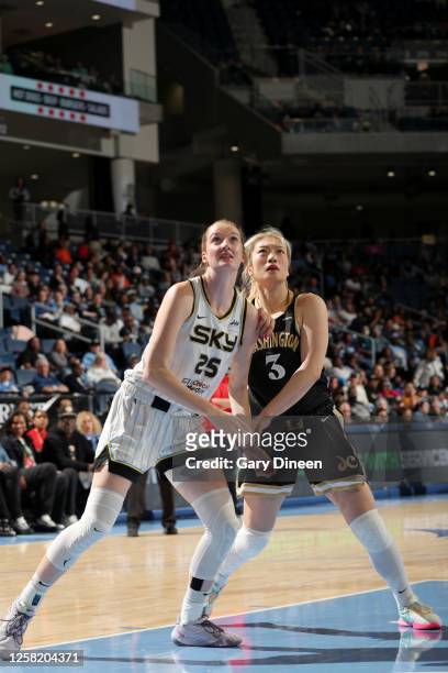 Morgan Bertsoh of the Chicago Sky and Li Meng of the Washington Mystics look on during the game on May 26, 2023 at the Wintrust Arena in Chicago, IL....