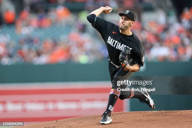 Grayson Rodriguez of the Baltimore Orioles pitches in the first inning during the game between the Texas Rangers and the Baltimore Orioles at Oriole...