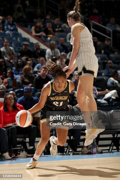 Tianna Hawkins of the Washington Mystics dribbles the ball during the game against the Chicago Sky on May 26, 2023 at the Wintrust Arena in Chicago,...