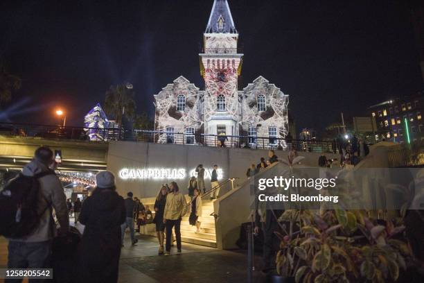 Light installation projected on the ASN Co. Building during the opening day of Vivid Sydney in Sydney, Australia, on Friday, May 26, 2023. The annual...