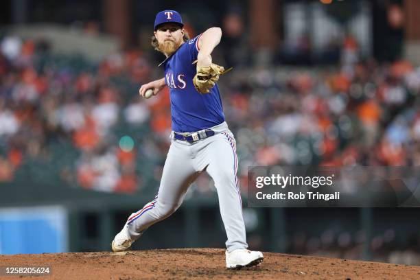 Jon Gray of the Texas Rangers pitches in the fourth inning during the game between the Texas Rangers and the Baltimore Orioles at Oriole Park at...