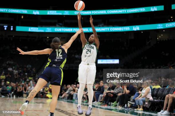 Jewell Loyd of the Seattle Storm shoots the ball during the game against the Dallas Wings on May 26, 2023 at Climate Pledge Arena in Seattle,...