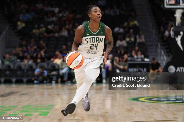 Jewell Loyd of the Seattle Storm dribbles the ball during the game against the Dallas Wings on May 26, 2023 at Climate Pledge Arena in Seattle,...