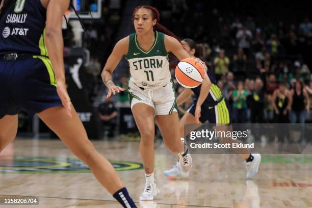 Arella Guirantes of the Seattle Storm dribbles the ball during the game against the Dallas Wings on May 26, 2023 at Climate Pledge Arena in Seattle,...