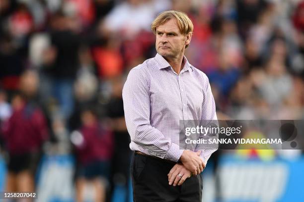 Crusaders' coach Scott Robertson is seen prior to the start of the round 14 Super Rugby Pacific match between the Crusaders and the New South Wales...