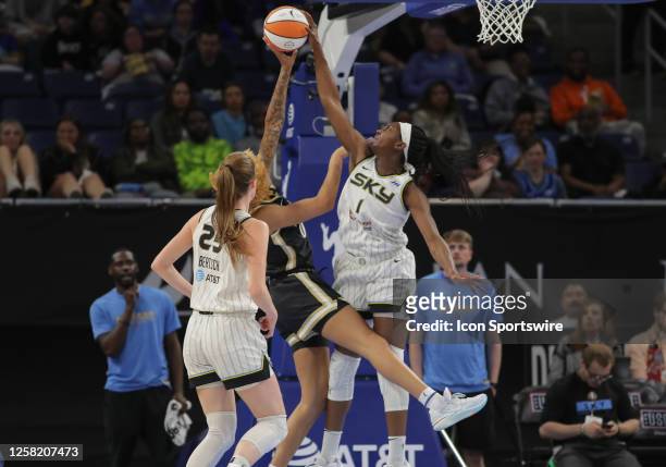 Chicago Sky center Elizabeth Williams blocks Washington Mystics center Shakira Austin shot during a WNBA game between the Washington Mystics and the...