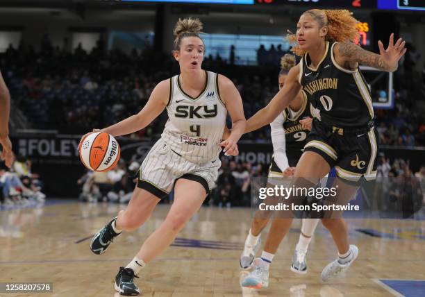 Washington Mystics center Shakira Austin guards Chicago Sky guard Marina Mabrey during a WNBA game between the Washington Mystics and the Chicago Sky...