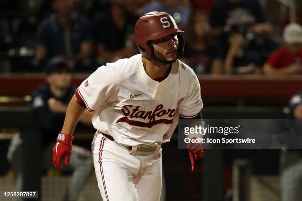 Stanford catcher Alberto Rios gets a hit during a Pac-12 Baseball Tournament game between the Arizona Wildcats and the Stanford Cardinal on May 26th...