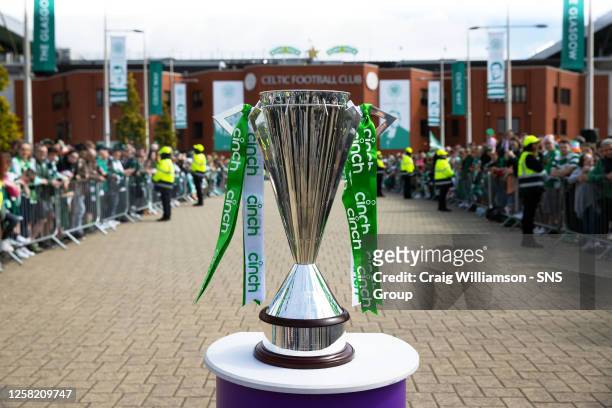 The Cinch Premiership Trophy is presented on the Celtic Way during a cinch Premiership match between Celtic and Aberdeen at Celtic Park, on May 27 in...