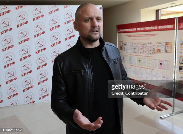 The Left Front's leader Segei Udaltsov gestures during the party's plenary at the Snegiri Wellness Complex on May 27 in Istra, Russia. About 500...