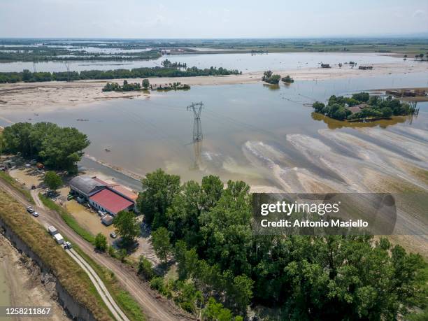 An aerial drone picture shows the collapsed bridge "Ponte della Motta" in the flooded area caused by heavy rains across Italy's northern Emilia...