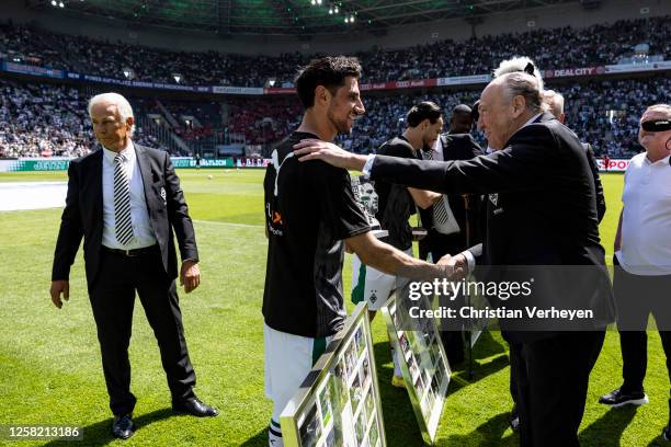 Lars Stindl of Borussia Moenchengladbach is seen during his farewell with President Rolf Koenigs of Borussia Moenchengladbach ahead of the Bundesliga...