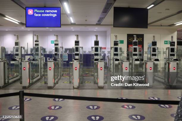 View of electronic passport gates at Gatwick Airport as they fail across the UK on May 27, 2023 in Crawley, England. Passengers arriving at airports...