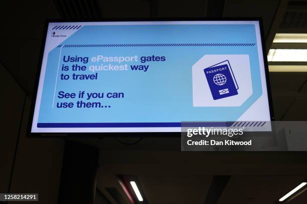 An ePassport gate sign is displayed at Gatwick Airport as Electronic Passport Gates fail across the UK on May 27, 2023 in Crawley, England....