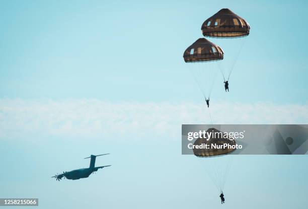 French paratroopers are seen in the sky near Viitna, Estonia on 20 May, 2023. Estonia is hosting the Spring Storm NATO exercises involving over 13...