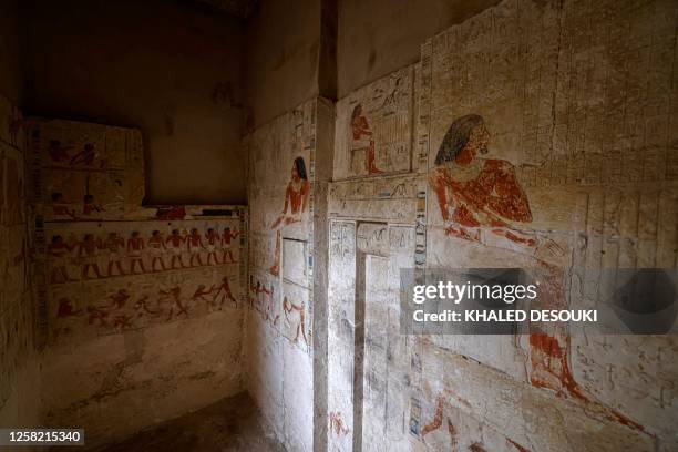 The walls of a newly discovered ancient tomb are decorated with paintings in the Saqqara necropolis south of Cairo, where archaeologists unearthed...