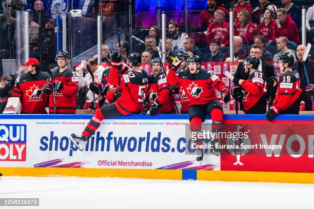 Team Canada celebrates victory during the 2023 IIHF Ice Hockey World Championship Finland - Latvia game between Canada and Latvia at Nokia Arena on...