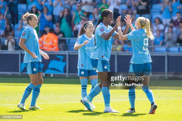 Khadija Shaw of Manchester City celebrates her goal during the Barclays FA Women's Super League match between Manchester City and Everton at the...