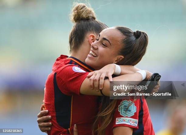 Spain players Daniela Arqués, right, and María Luisa García celebrate after their side's victory in the UEFA Women's European Under-17 Championship...