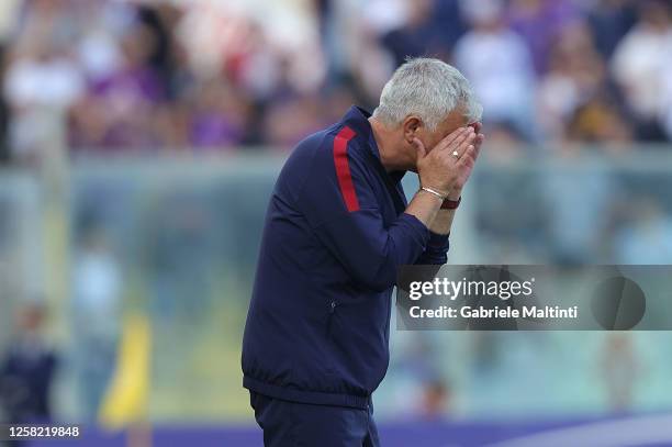 José Mourinho manager of AS Roma gestures during the Serie A match between ACF Fiorentina and AS Roma at Stadio Artemio Franchi on May 27, 2023 in...