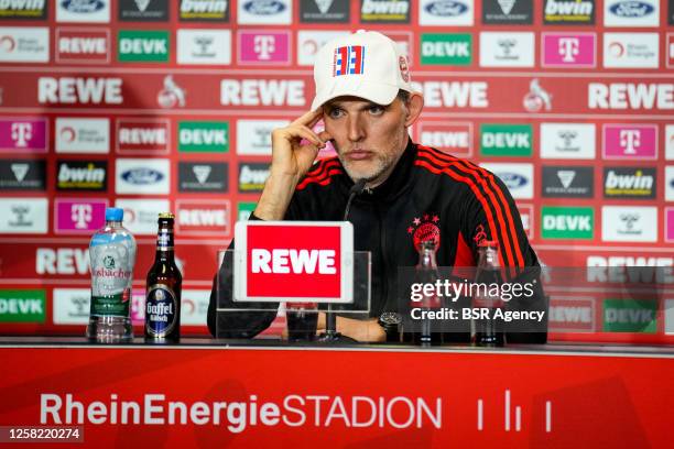 Coach Thomas Tuchel of FC Bayern Munchen attends a press conference after the Bundesliga match between 1. FC Koln and FC Bayern Munchen at the...