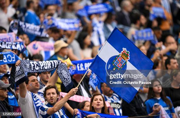 Fans of FC Porto shows their support during the Liga Portugal Bwin match between FC Porto and Vitoria Guimaraes at Estadio do Dragao on May 27, 2023...