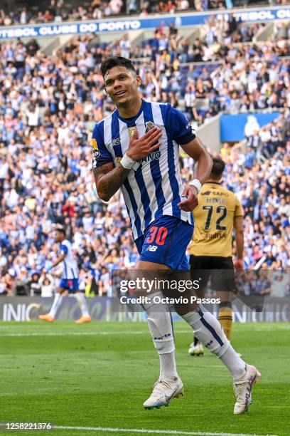 Evanilson of FC Porto celebrates after scores their team third goal during the Liga Portugal Bwin match between FC Porto and Vitoria Guimaraes at...