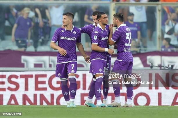 Luka Jovic of ACF Fiorentina celebrates after scoring a goal during the Serie A match between ACF Fiorentina and AS Roma at Stadio Artemio Franchi on...