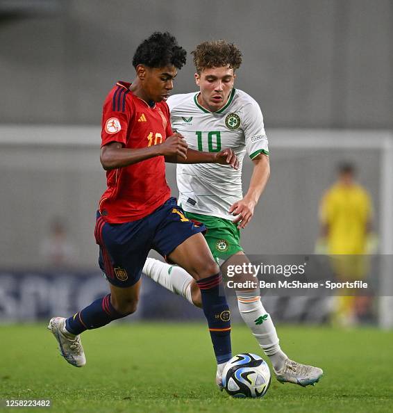 Lamine Yamal Nasraoui Ebana of Spain in action against Najemedine