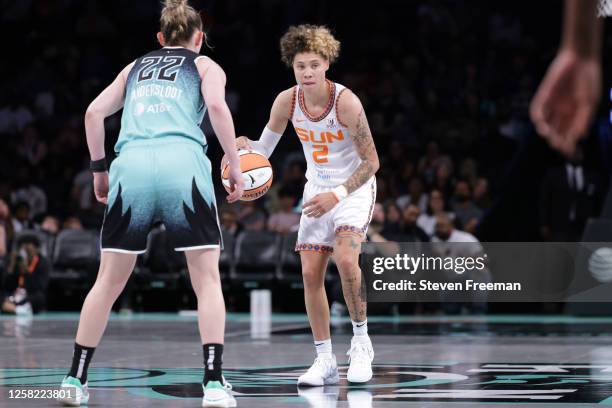 Natisha Hiedeman of the Connecticut Sun dribbles the ball during the game against the New York Liberty on May 27, 2023 in Brooklyn, New York. NOTE TO...