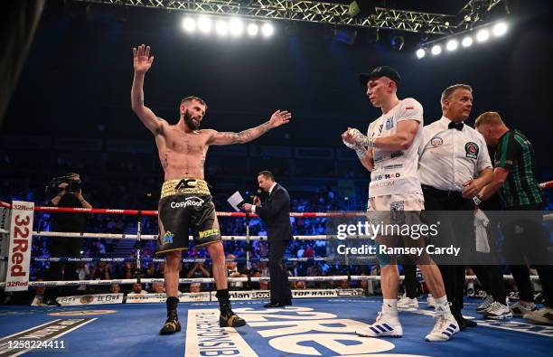 Belfast , United Kingdom - 27 May 2023; Anthony Cacace is declared victorious over Damian Wrzesinski in their IBO World Super-Featherweight title...