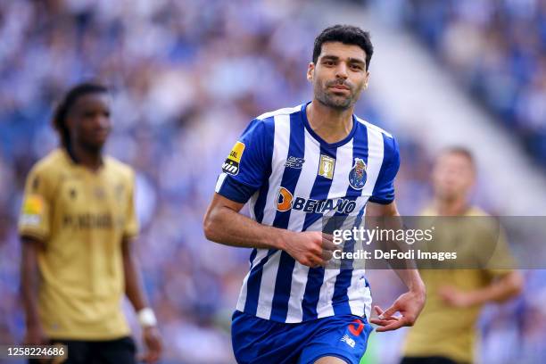 Mehdi Taremi of FC Porto gestures during the Liga Portugal Bwin match between FC Porto and Vitoria Guimaraes at Estadio do Dragao on May 27, 2023 in...