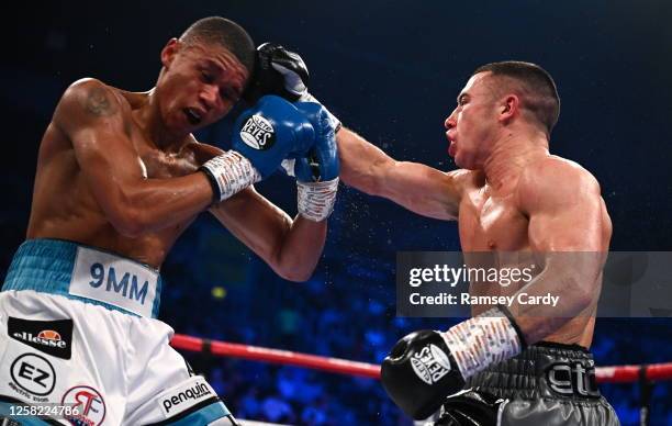 Belfast , United Kingdom - 27 May 2023; Nick Ball, right, in action against Ludumo Lamati during their WBC Silver Featherweight bout at the SSE Arena...