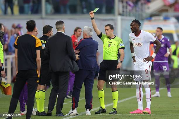 Giovanni Ayroldi referee show yellow card to José Mourinho manager of AS Roma during the Serie A match between ACF Fiorentina and AS Roma at Stadio...