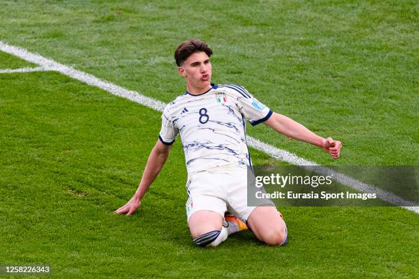 Cesare Casadei celebrates after scoring twice for Italy during FIFA U-20 World Cup Argentina 2023 Group D match between Dominican Republic and Italy...