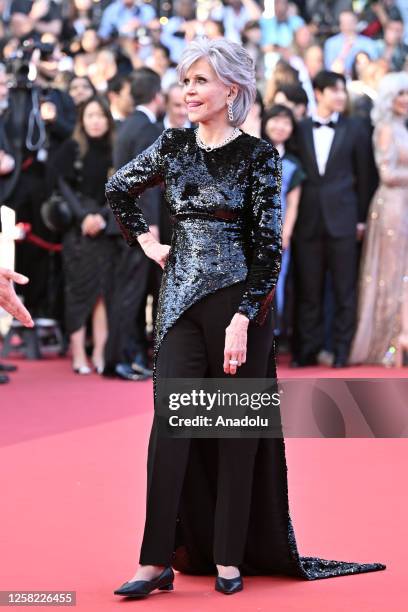 Actress Jane Fonda arrives for the Closing Ceremony and the screening of the film Elemental during the 76th Cannes Film Festival at Palais des...