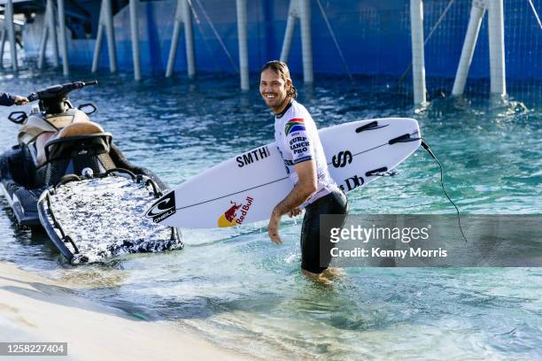 Jordy Smith of South Africa prior to surfing in Heat 1 of the Qualifying Round at the Surf Ranch Pro on May 27, 2023 at Lemoore, California.