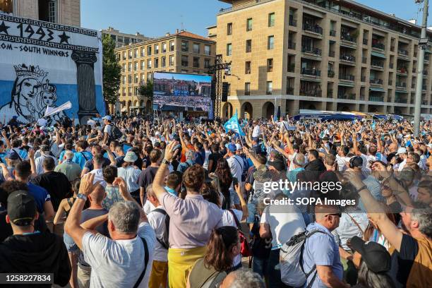 Olympique supporters gathered in front of Marseille Town Hall to celebrate the 30th anniversary of Olympique de Marseille's victory in the Champions...