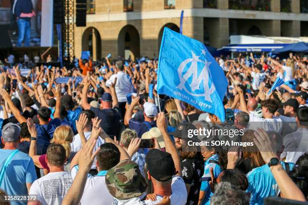 Olympique supporters gathered in front of Marseille Town Hall to celebrate the 30th anniversary of Olympique de Marseille's victory in the Champions...