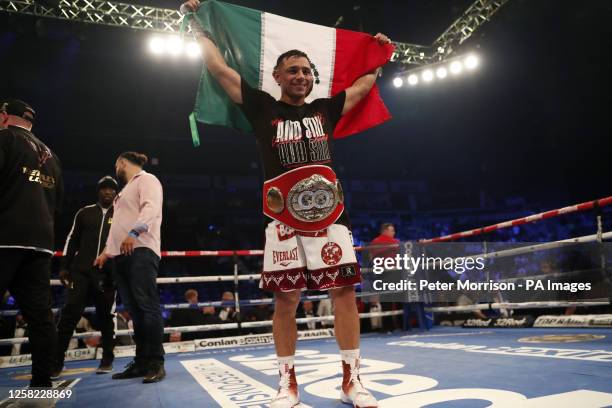 Luis Alberto Lopez celebrates after defeating Michael Conlan in the IBF world featherweight title bout at the SSE Arena, Belfast. Picture date:...