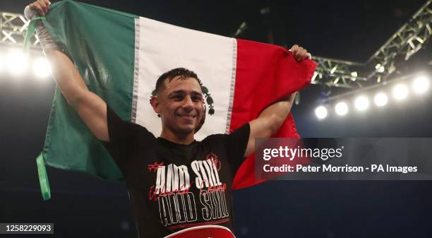 Luis Alberto Lopez celebrates after defeating Michael Conlan in the IBF world featherweight title bout at the SSE Arena, Belfast. Picture date:...