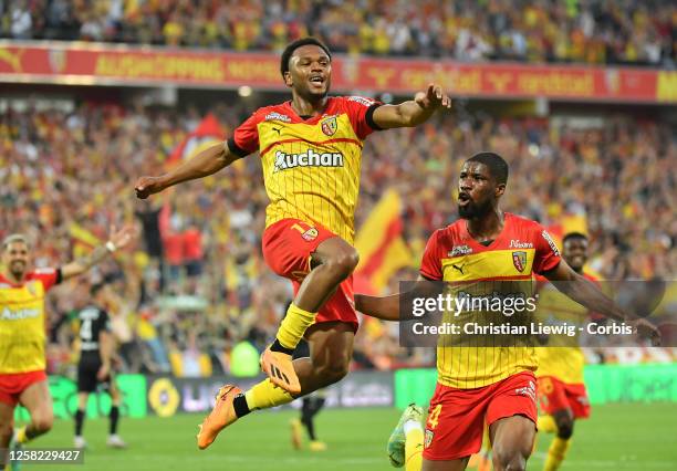 Lois Openda of RC Lens celebrates in action during the French Ligue 1 match between RC Lens and AC Ajaccio at stadium Bollaert - Delelis on May 27,...