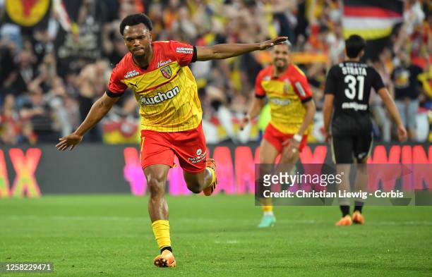 Lois Openda of RC Lens celebrates in action during the French Ligue 1 match between RC Lens and AC Ajaccio at stadium Bollaert - Delelis on May 27,...
