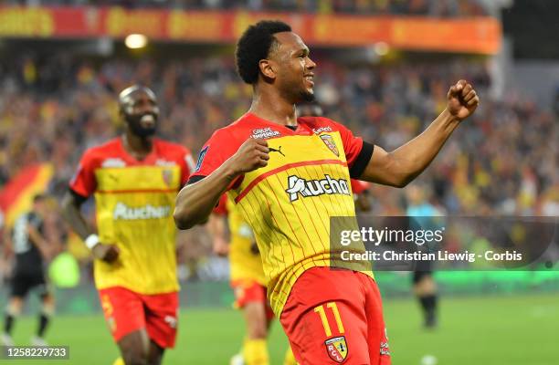 Lois Openda of RC Lens celebrates in action during the French Ligue 1 match between RC Lens and AC Ajaccio at stadium Bollaert - Delelis on May 27,...