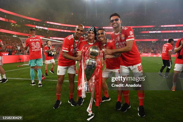David Neres, Morato, Goncalo Ramos and Lucas Verissimo with the Liga Portugal Bwin trophy after winning the Portuguese league title at the end of the...